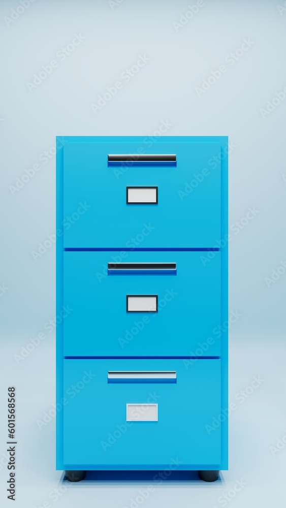 Blue metal cabinet with three drawers in blue setting, 3d rendering Blue metal cabinet with three drawers in blue setting, 3d rendering