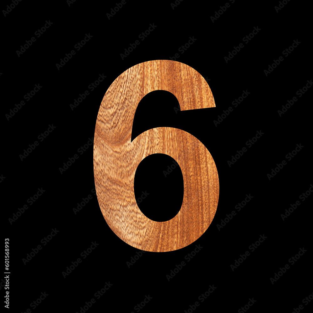 Number 6 with oak wood background - Black background Number 6 with oak wood background - Black background