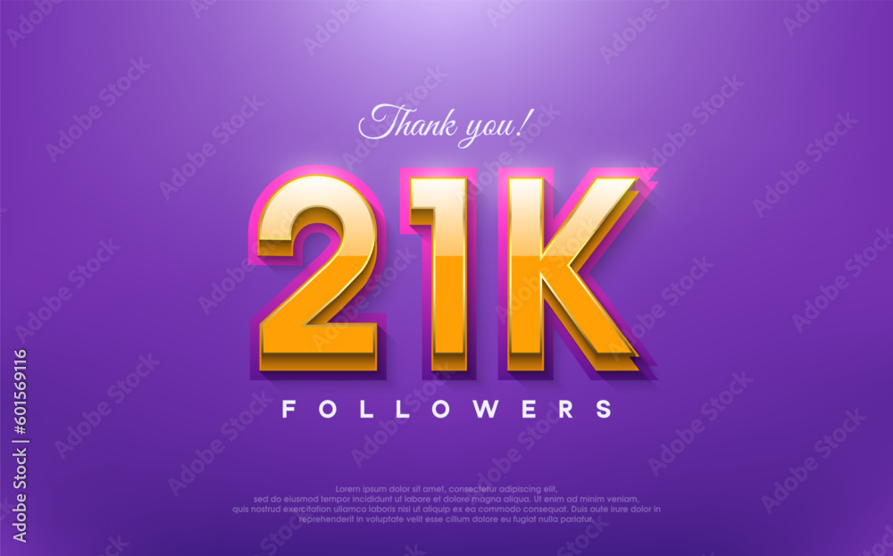 Thank you 21k followers, 3d design with orange on blue background.