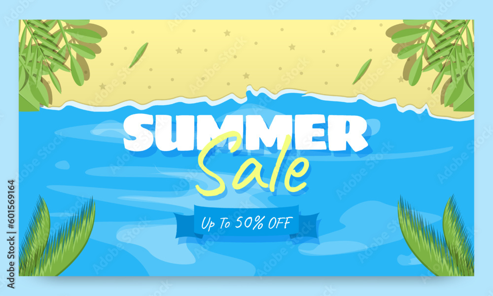 Creative summer sale banner template. Beach background, tropical leaves, summer vacation concept, advertising. Vector illustration flat design