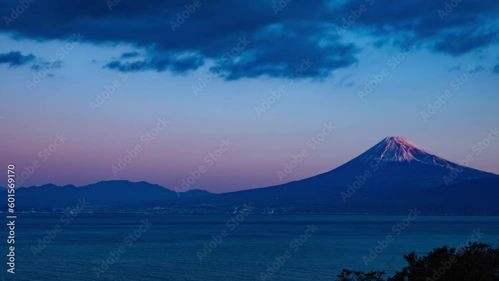 A dawn timelapse of Mt Fuji near Suruga coast in Shizuoka panning A dawn timelapse of Mt Fuji near Suruga coast in Shizuoka panning
