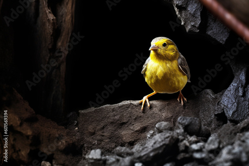 Illustration of a canary in a coal mine.  Generative AI.  photo