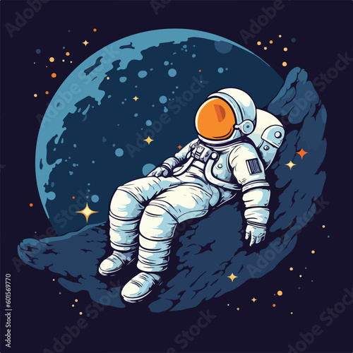 Astronaut in space sleep lie down flying on the moon vintage retro logo badge vector illustration