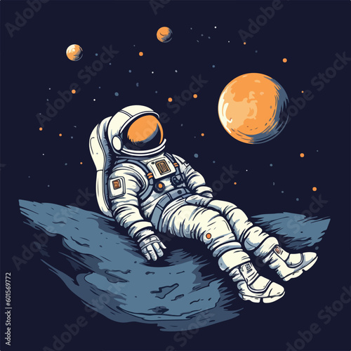Astronaut in space sleep lie down flying on the moon vintage retro logo badge vector illustration