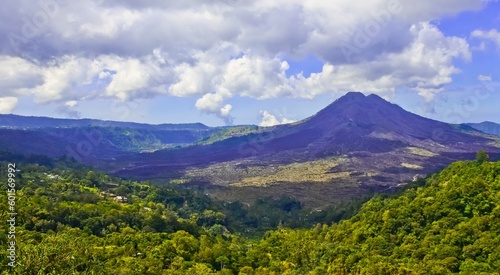 Popular panorama of Mount Batur with the crater lake Batur in Bali, Indonesia