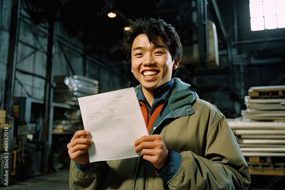 Fotografie Worker holding check sheet clipboard in warehouse, Generative AI Technology