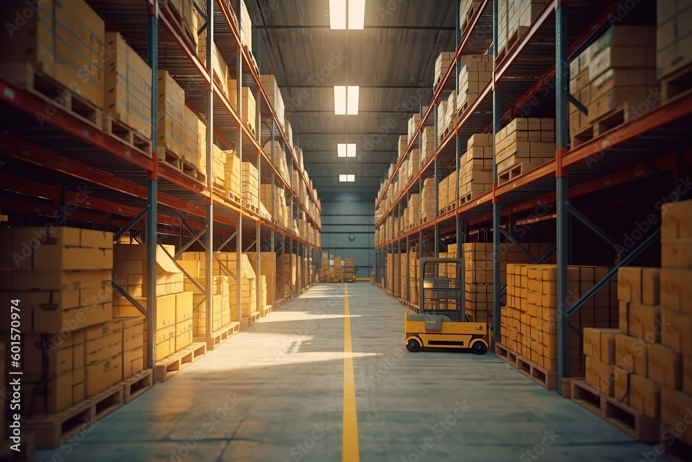 Large modern warehouse with forklifts, Generative AI Technology