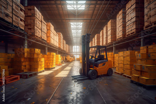Large modern warehouse with forklifts, Generative AI Technology © Sasint