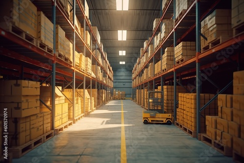 Large modern warehouse with forklifts, Generative AI Technology