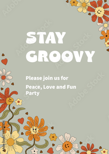 Wallpaper Mural Template with funny dancing daisy flowers for groovy party, birthday invitation, flyer, retro poster. Space for text. Vector illustration. Torontodigital.ca