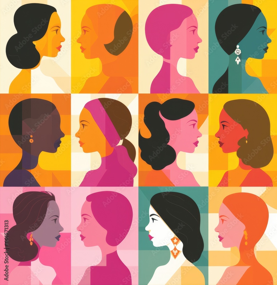 The modern woman. Grid of 12 different female faces in a vector style illustration. Bright bold neon colours. Diverse ethnicities and designs. The modern woman. Grid of 12 different female faces in a vector style illustration. Bright bold neon colours. Diverse ethnicities and designs.