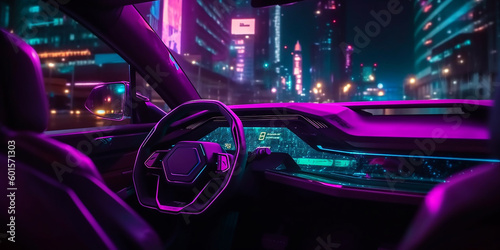 An image of a night view of a modern city from the front window of a car, in neon and holographic style. Generative AI