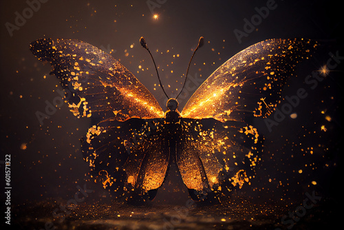 An image of an abstract silhouette of a fabulous butterfly with bright festive light spots and on a dark background. Generative AI photo