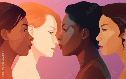 Women's beauty. four different female faces, in profile using a landscape, vector style illustration. Bright bold colours. Diverse ethnicities and designs.