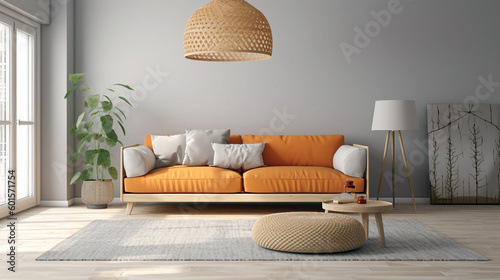 Interior with sofa and lamp in soft color. generative ai illustration