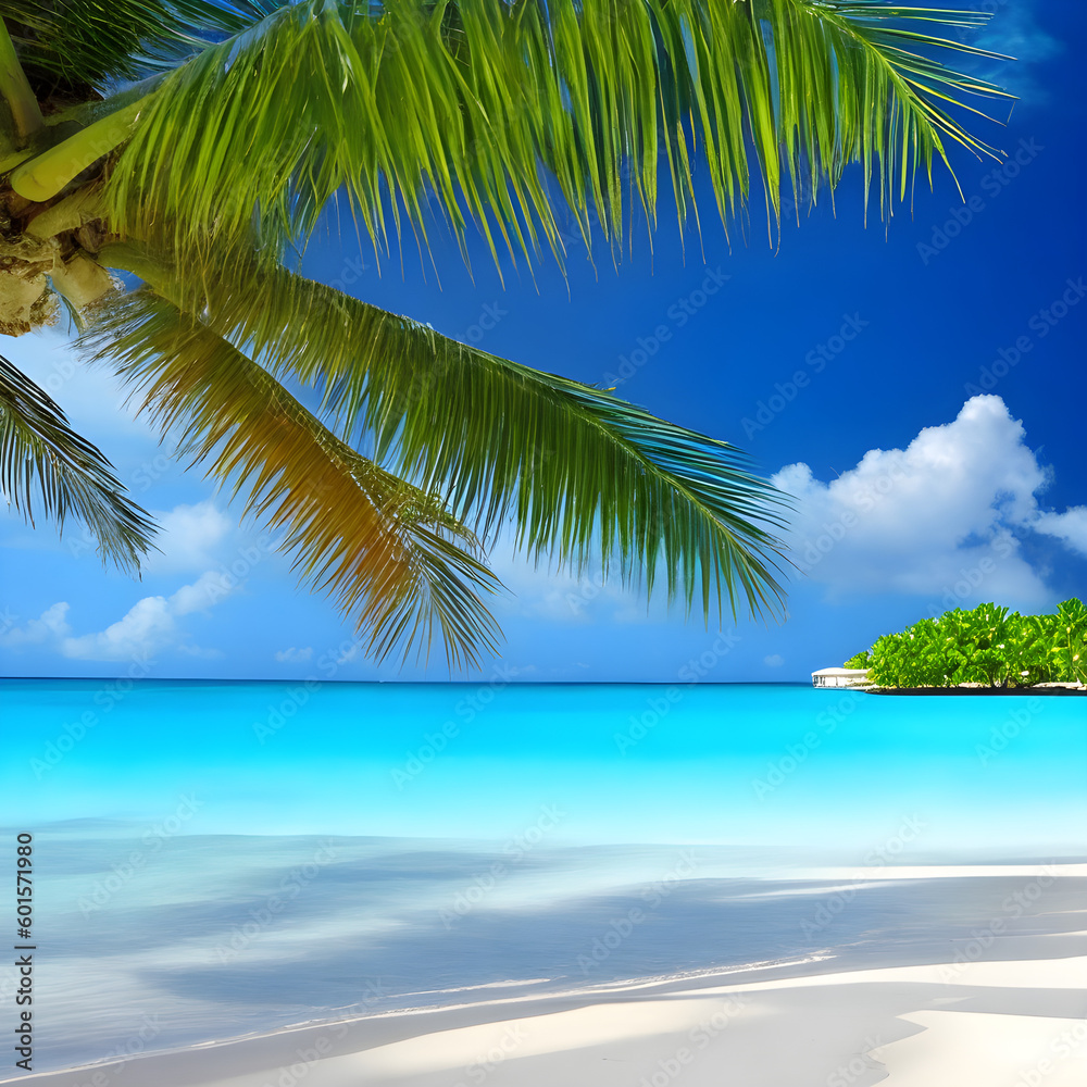 Fototapeta premium relaxing beach with blue water and blue sky behind. 