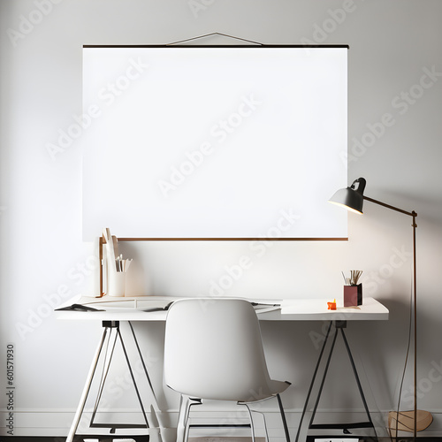 study room with a blank presentation screen to add images on it. 