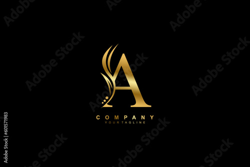 Luxury gold A logo design with feather. premium A letter monogram logo. suitable for business logos, beauty logos, company logos, boutiques, spas, salons, etc