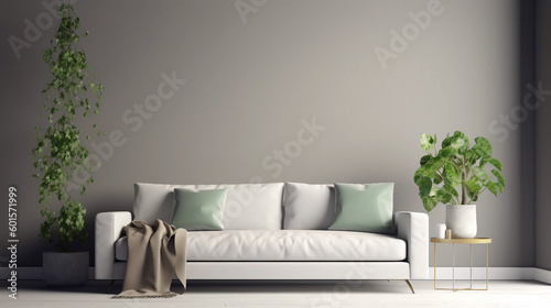 Interior of modern and minimalist living room with white sofa. Generative ai illustration © AdibaZR