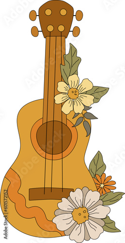 Guitar with tropical daisy flowers. Vector illustration. Flat style design element for poster, banner, invitation, retro summer concept, groovy party.