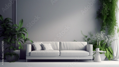 Modern and minimalist living room with gray wall and white sofa. Generative ai illustration