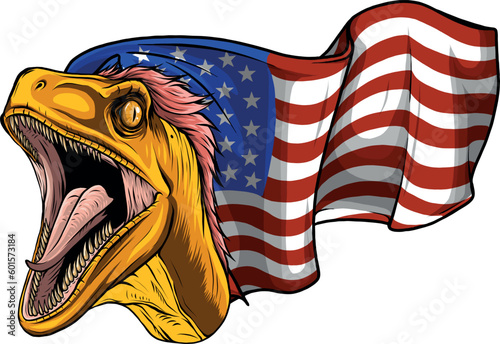 vector illustration of velociraptor head with usa flag on white background