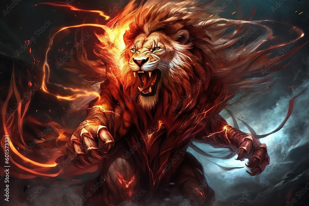 Image of an angry lion and flames. Wildlife Animals. Illustration. Generative AI. Image of an angry lion and flames. Wildlife Animals. Illustration. Generative AI.