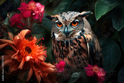 Image of brightly colored owl with colorful tropical flowers. Wild Animals. Birds. illustration. Generative AI.