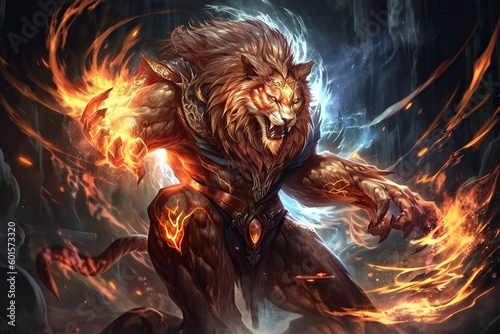 Image of an angry lion and flames. Wildlife Animals. Illustration. Generative AI.