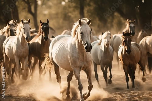 Image of a flock of horses in a dry forest. Wild Animals. Illustration, Generative AI.