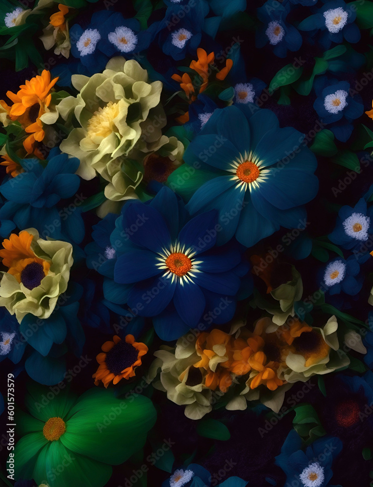 Close up dark photography overhead view of beautiful and colorful flowers. Wallpaper, background concept. AI generative Close up dark photography overhead view of beautiful and colorful flowers. Wallpaper, background concept. AI generative