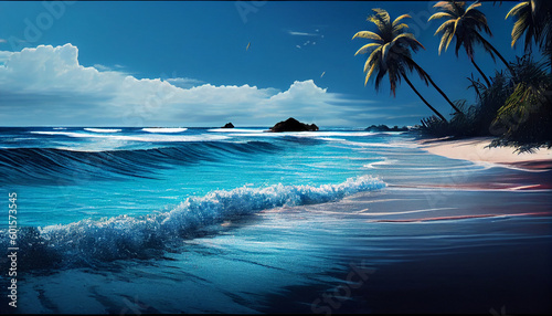 Beautiful blue ocean waves on sandy beach Ai generated image