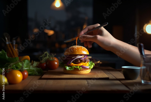 chef on the side and serving up burger, generative AI