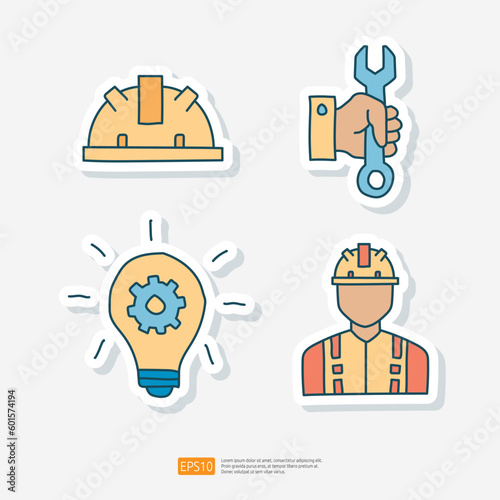 Engineering and Worker Related Doodle Sticker Icon Set for Industrial, Maintenance, Manufacturing, Vector Illustration