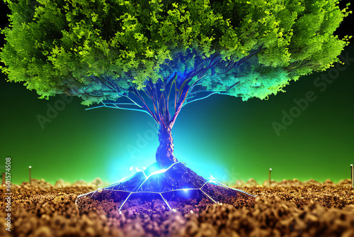 Computer circuit board and tree unite in an amazing combination of electrical signals and soil. Technology, nature, energy concept created with generative AI.