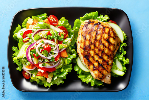 Grilled chicken breast and fresh vegetable salad, a healthy and tasty combination. Barbecue, protein, greens concept created with generative AI.
