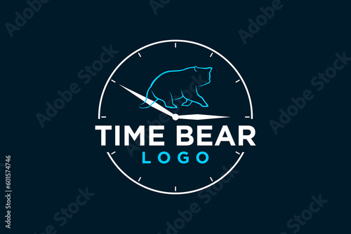 Time clock bear animal logo design icon symbol