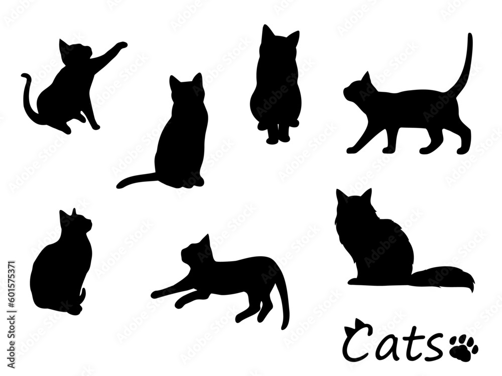 いろいろなポーズの猫のシルエットイラストの素材セット