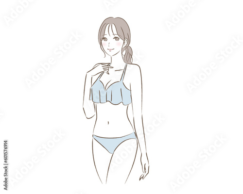 フリル水着の若い女性のイラスト