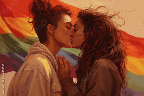 illustration of two women kissing with the pride flag as background