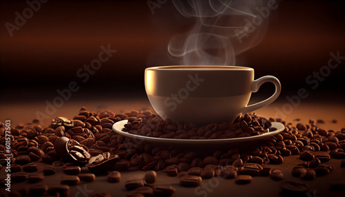 Fresh roasted coffee beans background with cup of coffee Ai generated image 