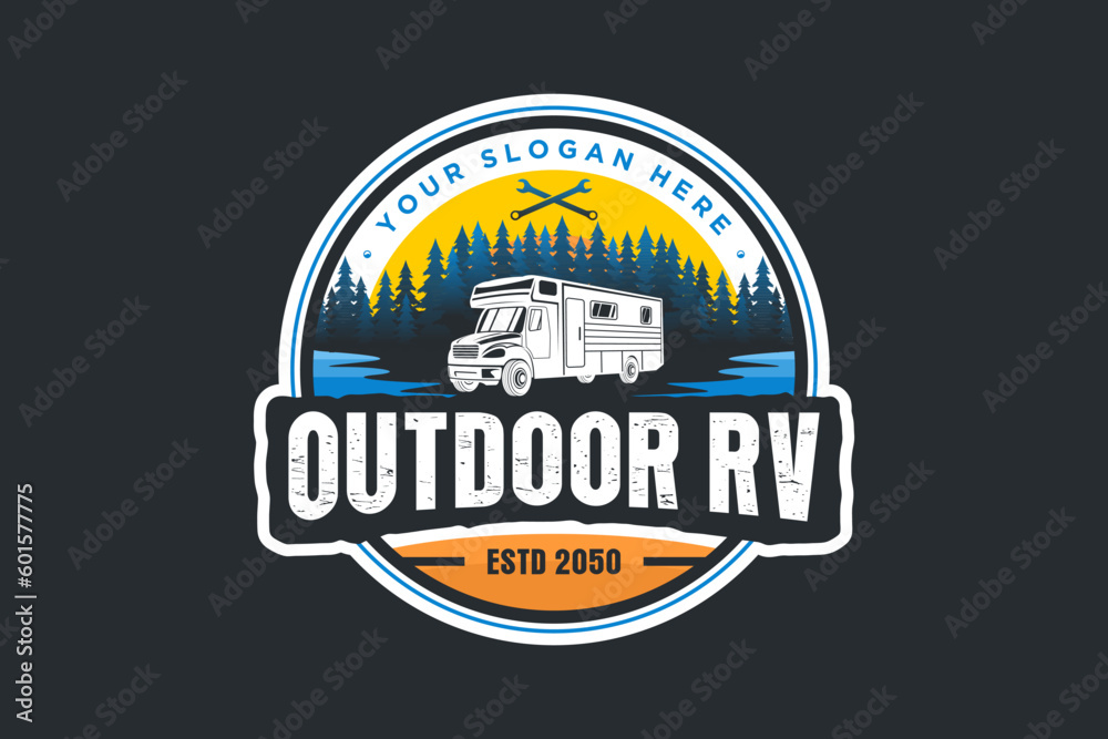 RV logo design recreational car badge style pine tree lake outdoor scene vector template
