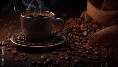 Fresh roasted coffee beans background with cup of coffee Ai generated image 