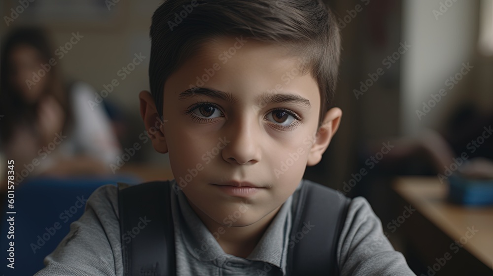 Portrait of a little boy looking at camera in classroom.Generative Ai Portrait of a little boy looking at camera in classroom.Generative Ai