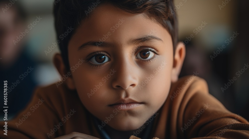Portrait of a little boy looking at camera in classroom.Generative Ai Portrait of a little boy looking at camera in classroom.Generative Ai