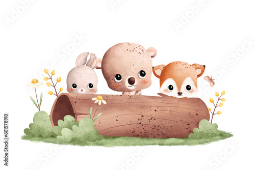 Watercolor Illustration cute baby animals sit on logwood with butterflies and flowers