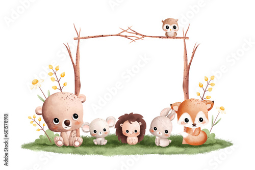 Watercolor Illustration cute baby animals and wood frame
