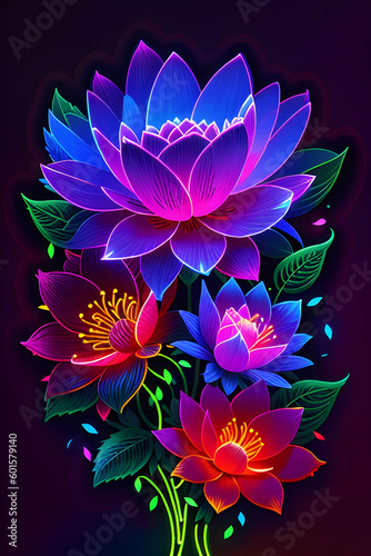 Neon glowing outlined illustration of colorful flower.