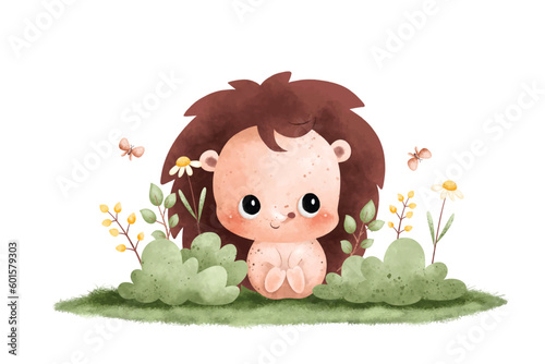 Watercolor Illustration cute baby hedgehog sits on grass with butterflies and flowers