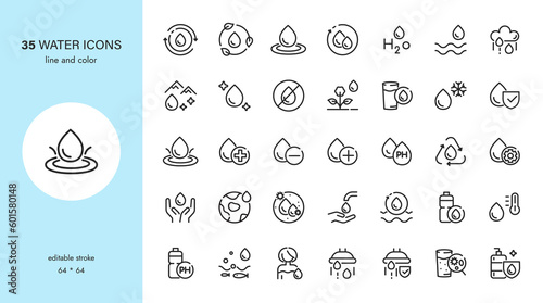 Water Icons Set. Editable Outline Vector Collection of Water Signs, Symbols and Icons. Water Drop, Cycle, Weather, Hydration, Safety, Conservation, Management System, Pure, Natural, Drinking Water. © Takoyaki Shop